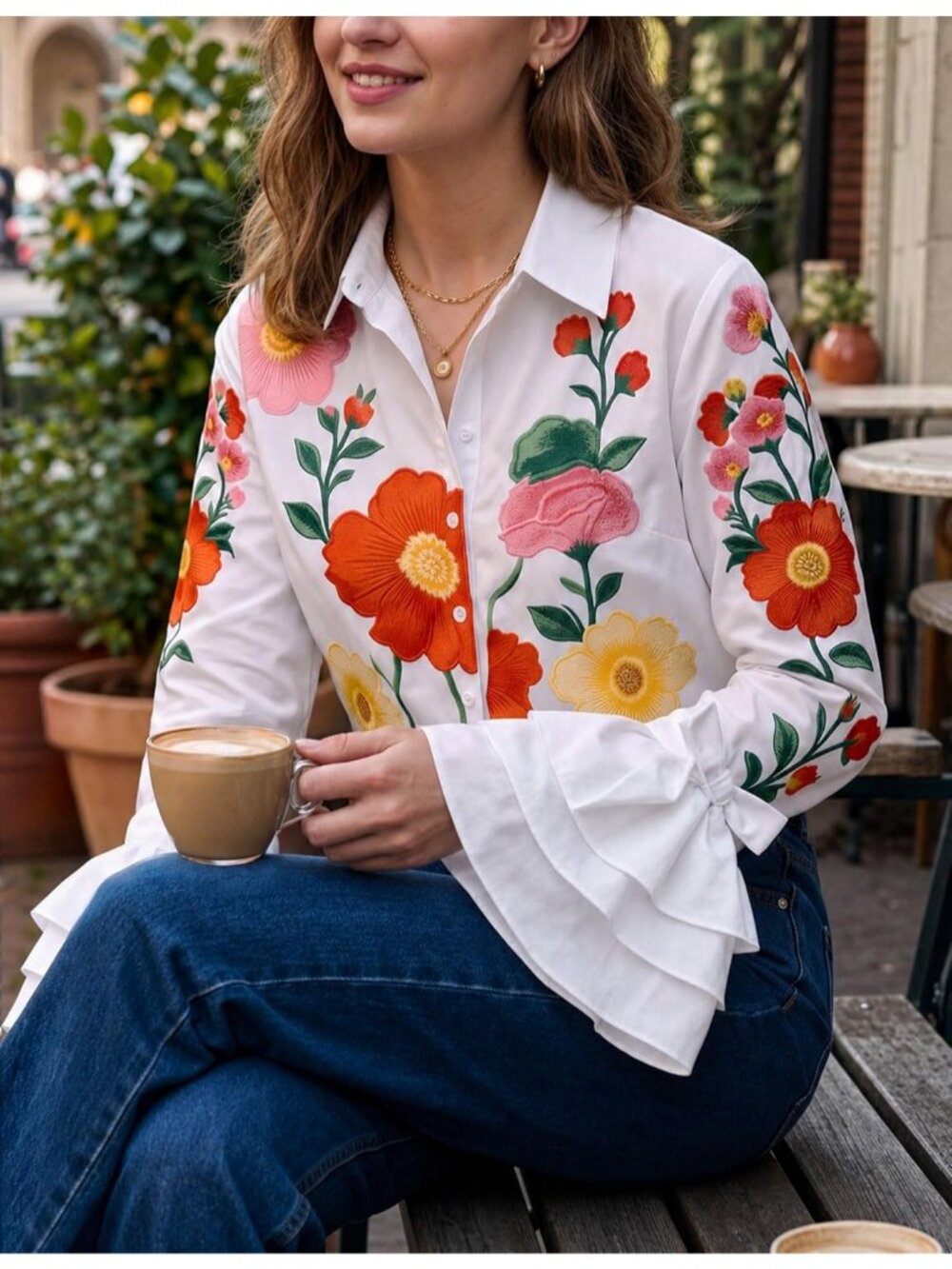 Women's White Multi High Neck Button Down Long Sleeve SOLID Work Blouse Shirt - Picture 2 of 5